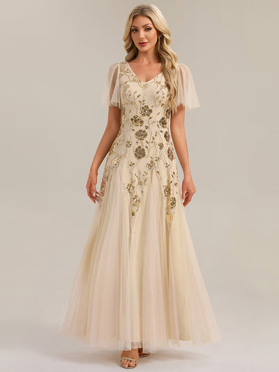 ever ORLA|Floral Embroidered Sequin Ruffle Sleeve Tulle Evening Dress