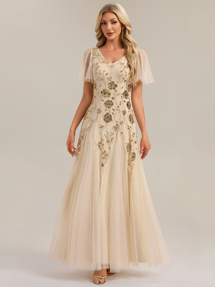 Floral Embroidered Sequin Ruffle Sleeve Tulle Evening Dress #color_Gold