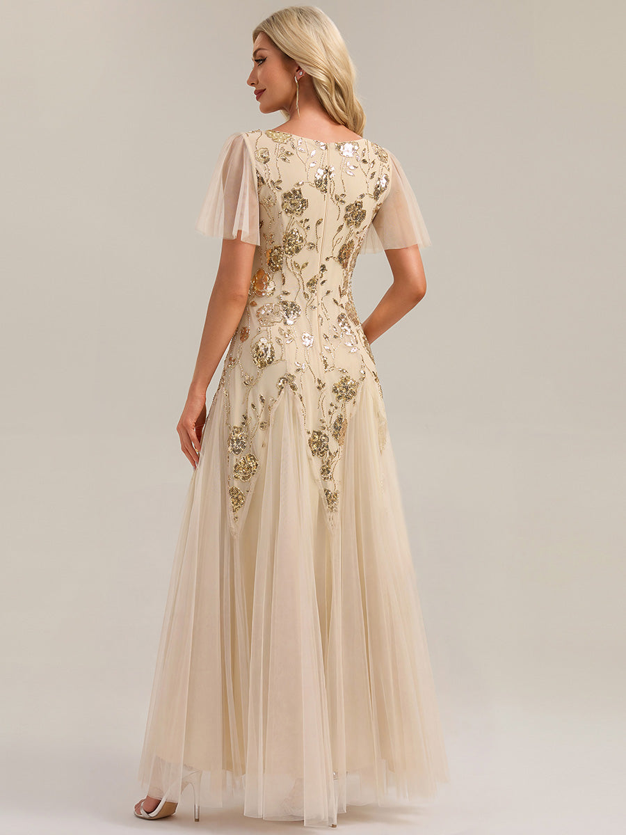 Floral Embroidered Sequin Ruffle Sleeve Tulle Evening Dress #color_Gold