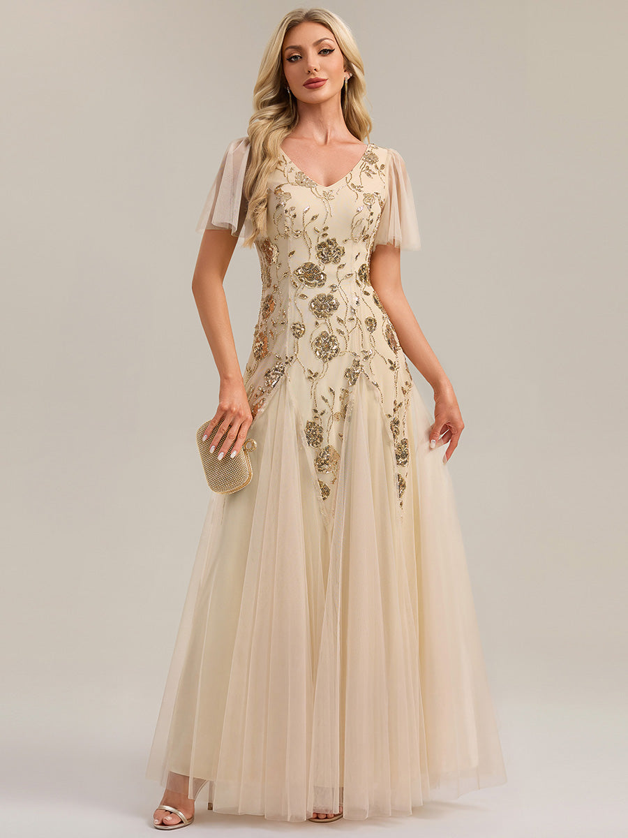 Floral Embroidered Sequin Ruffle Sleeve Tulle Evening Dress #color_Gold