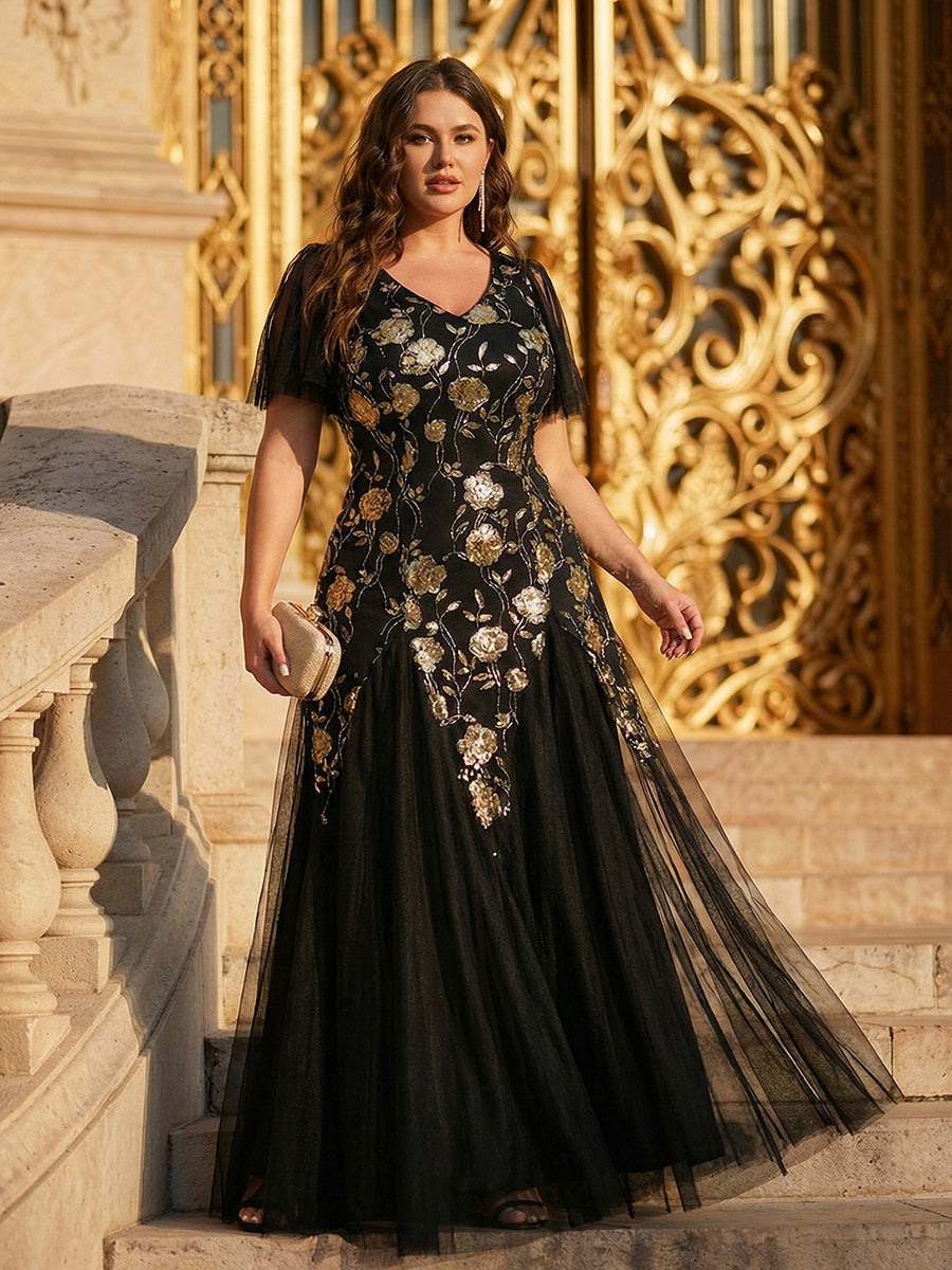 Embroidered Sequin V-Neck Tulle Formal Dress with Flutter Sleeves