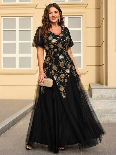 Plus Size Floral Embroidered Sequin Ruffle Sleeve Tulle Evening Dress #color_Black & Gold