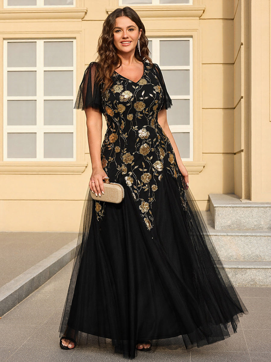 Shimmery V Neck Ruffle Sleeves Sequin Maxi Long Evening Dress #color_Black & Floral