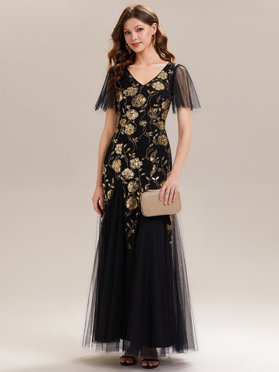 Floral Embroidered Sequin Ruffle Sleeve Tulle Evening Dress #color_Black & Gold