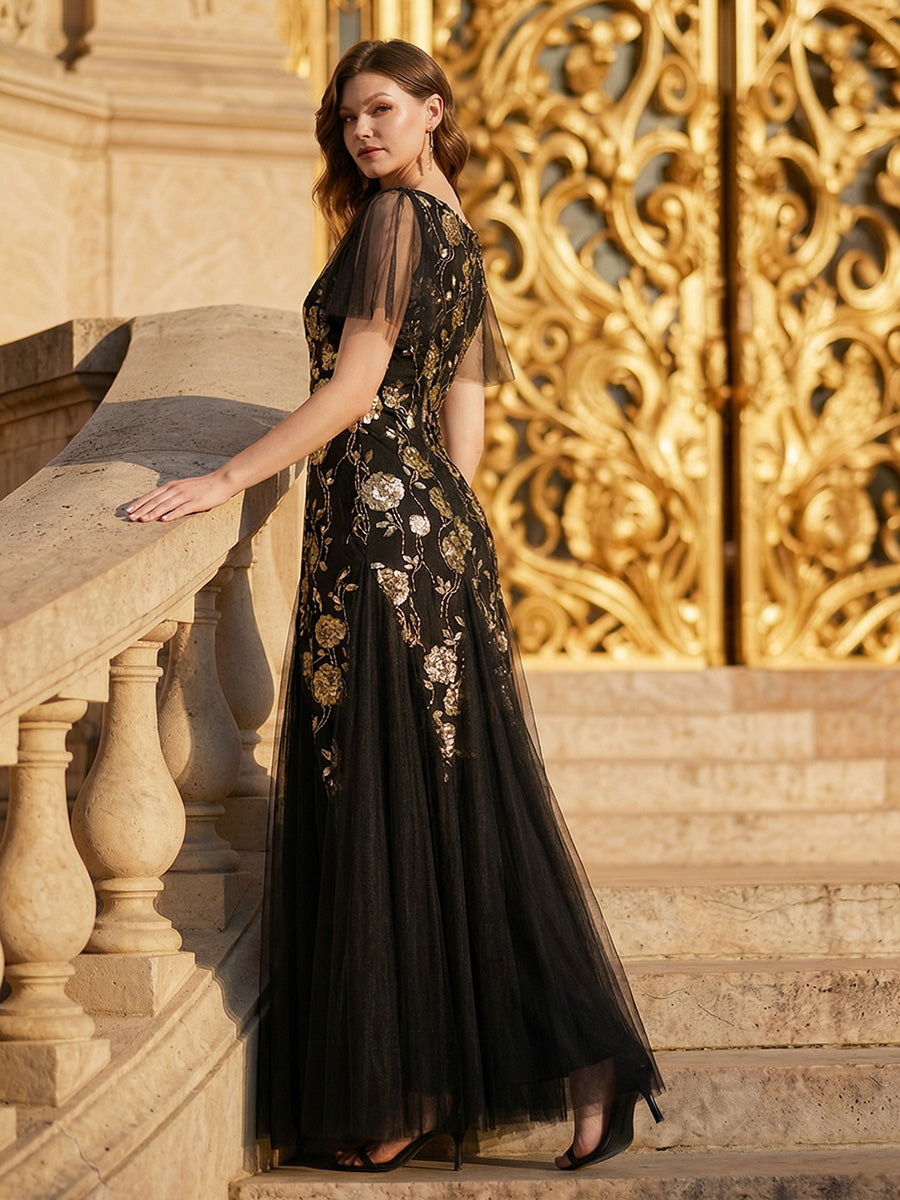 Floral Embroidered Sequin Ruffle Sleeve Tulle Evening Dress #color_Black & Gold