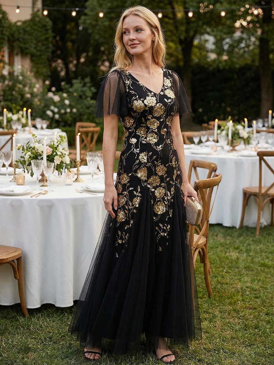 Ever-Pretty Embroidered Sequin V-Neck Tulle Formal Dress with Flutter Sleeves Holiday Fiesta Dress Vestido Con Lentejuelas