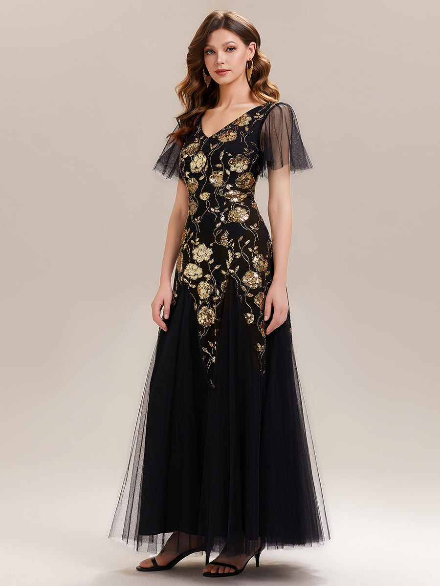 Shimmery V Neck Ruffle Sleeves Sequin Maxi Long Evening Dress #color_Black & Floral