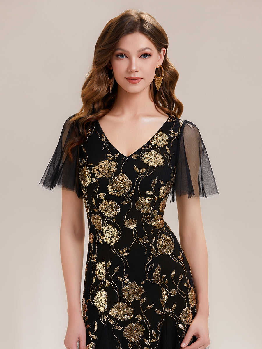 Floral Embroidered Sequin Ruffle Sleeve Tulle Evening Dress #color_Black & Gold