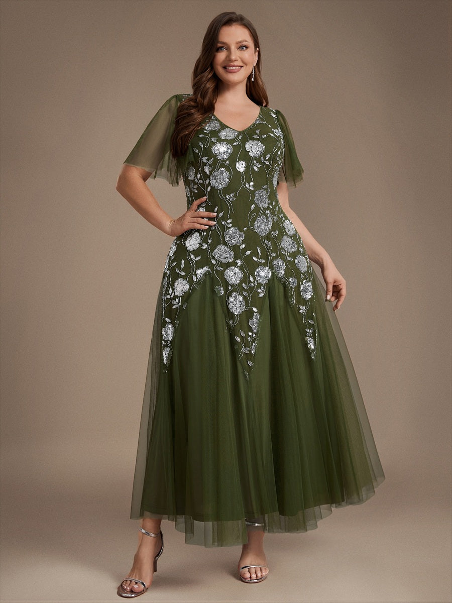 Floral Embroidered Sequin Ruffle Sleeve Tulle Evening Dress #color_Olive Green
