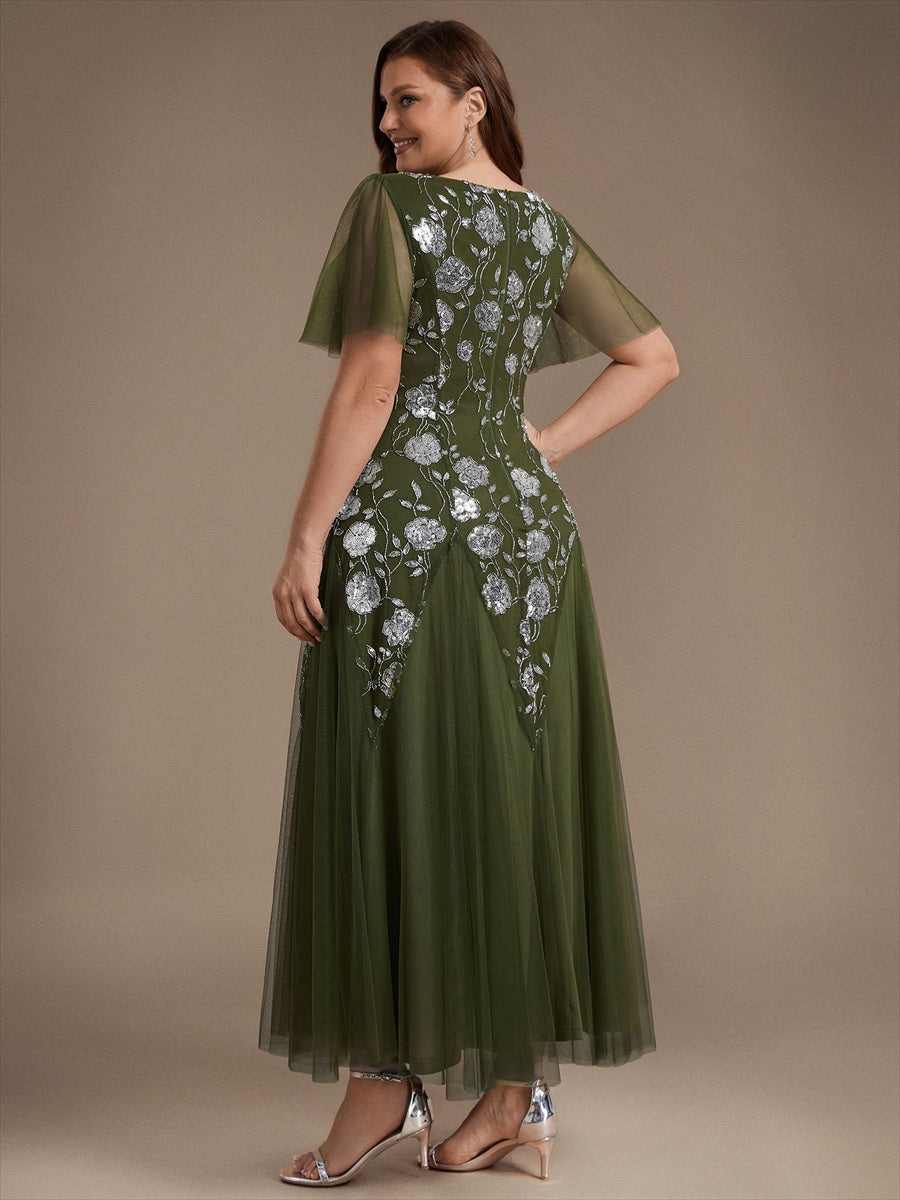 Floral Embroidered Sequin Ruffle Sleeve Tulle Evening Dress #color_Olive Green
