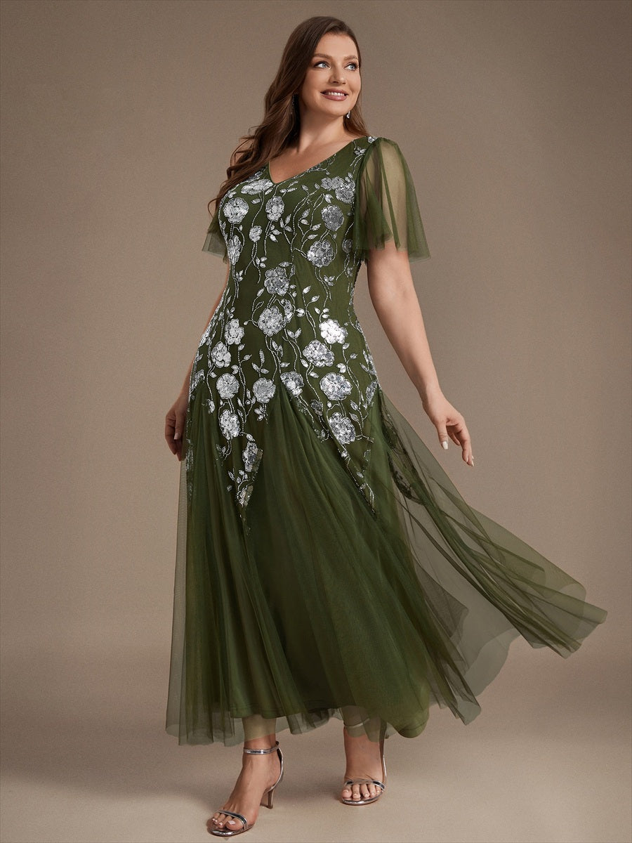 Floral Embroidered Sequin Ruffle Sleeve Tulle Evening Dress #color_Olive Green