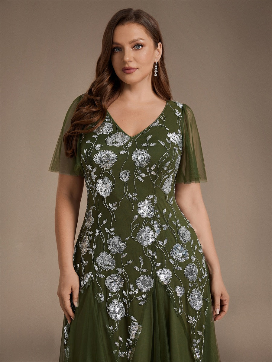 Floral Embroidered Sequin Ruffle Sleeve Tulle Evening Dress #color_Olive Green