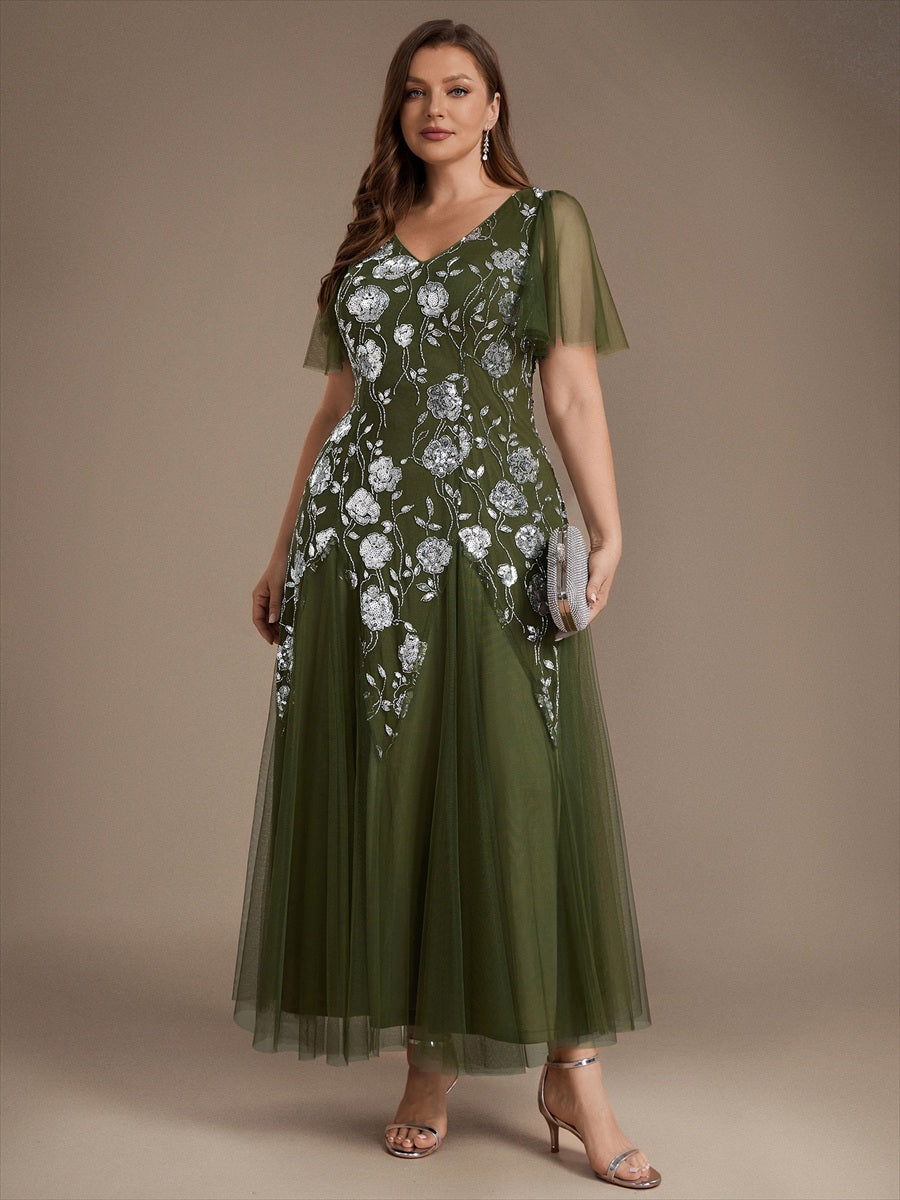 Floral Embroidered Sequin Ruffle Sleeve Tulle Evening Dress #color_Olive Green