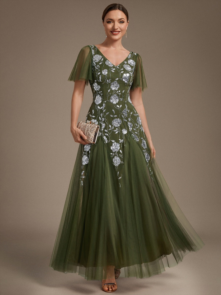Floral Embroidered Sequin Ruffle Sleeve Tulle Evening Dress #color_Olive Green