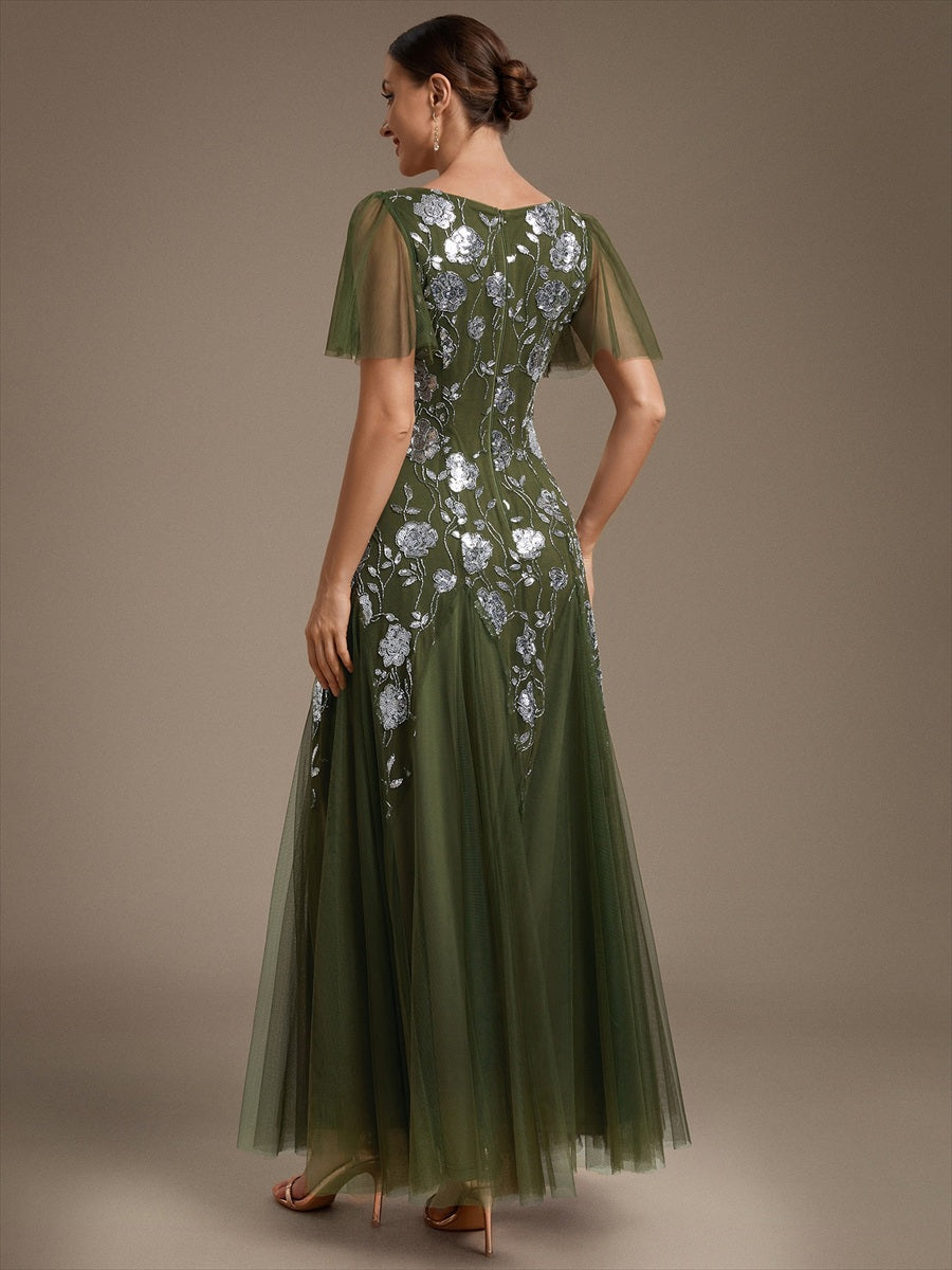 Floral Embroidered Sequin Ruffle Sleeve Tulle Evening Dress #color_Olive Green