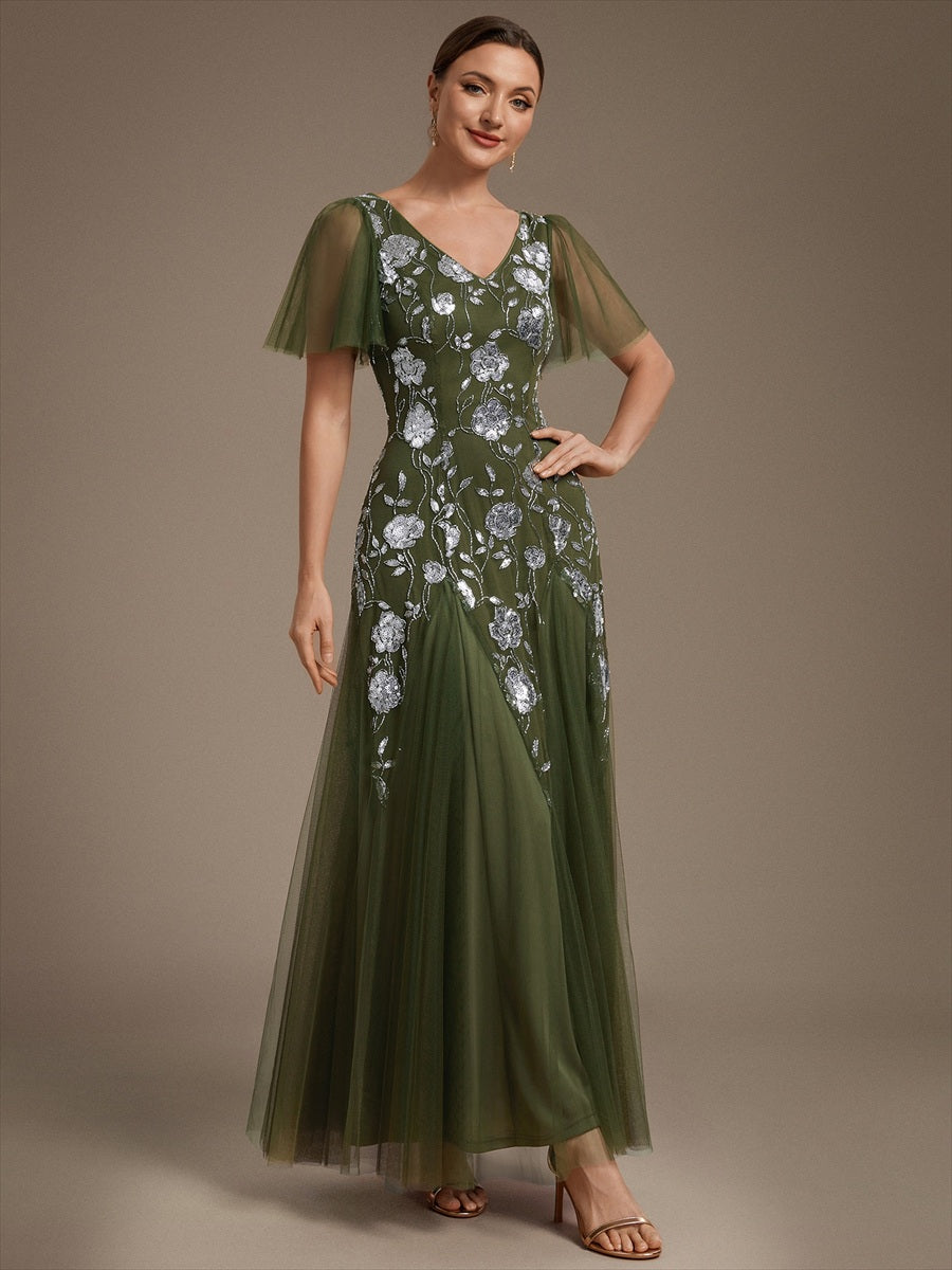 Floral Embroidered Sequin Ruffle Sleeve Tulle Evening Dress #color_Olive Green