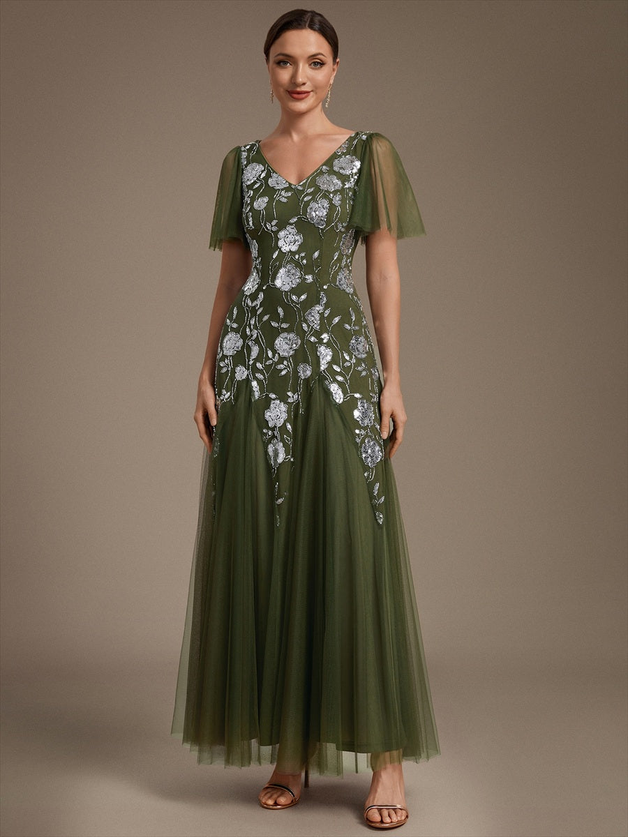 Floral Embroidered Sequin Ruffle Sleeve Tulle Evening Dress #color_Olive Green