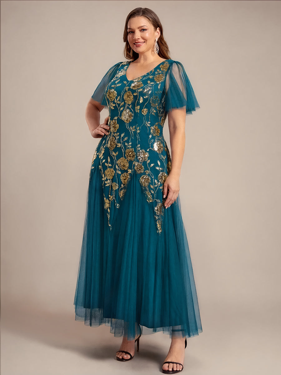 Floral Embroidered Sequin Ruffle Sleeve Tulle Evening Dress #color_Teal Blue