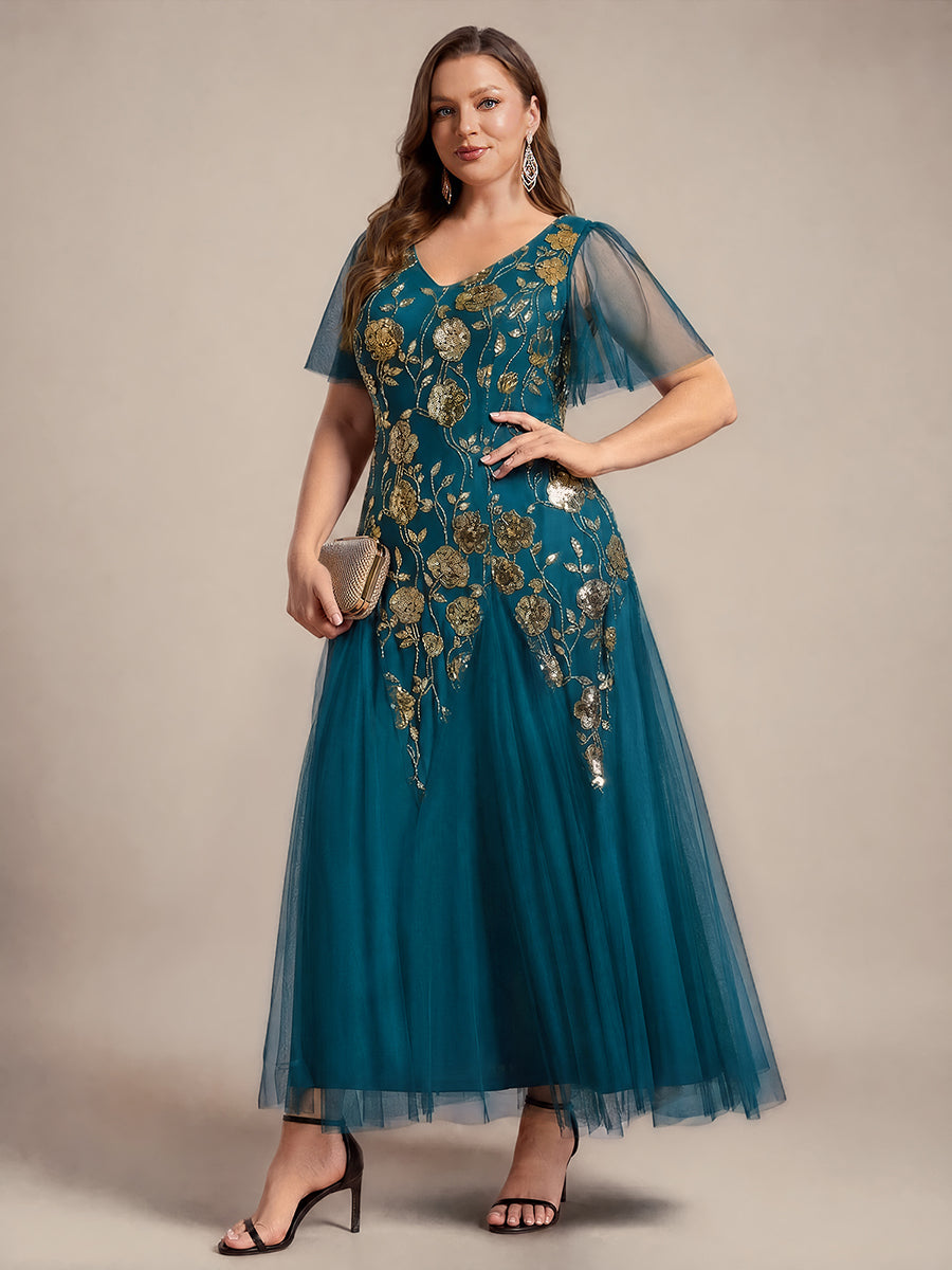 Floral Embroidered Sequin Ruffle Sleeve Tulle Evening Dress #color_Teal Blue