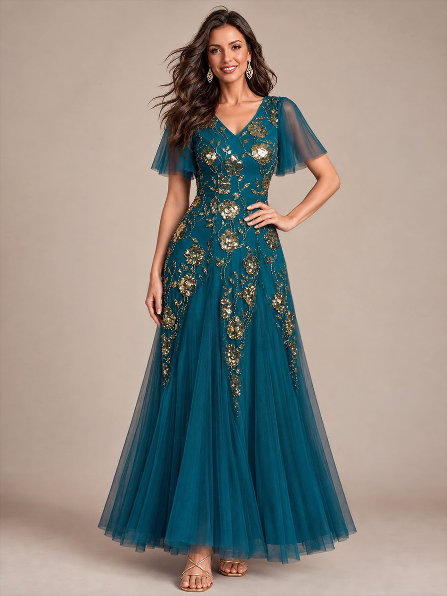 Floral Embroidered Sequin Ruffle Sleeve Tulle Evening Dress #color_Teal Blue