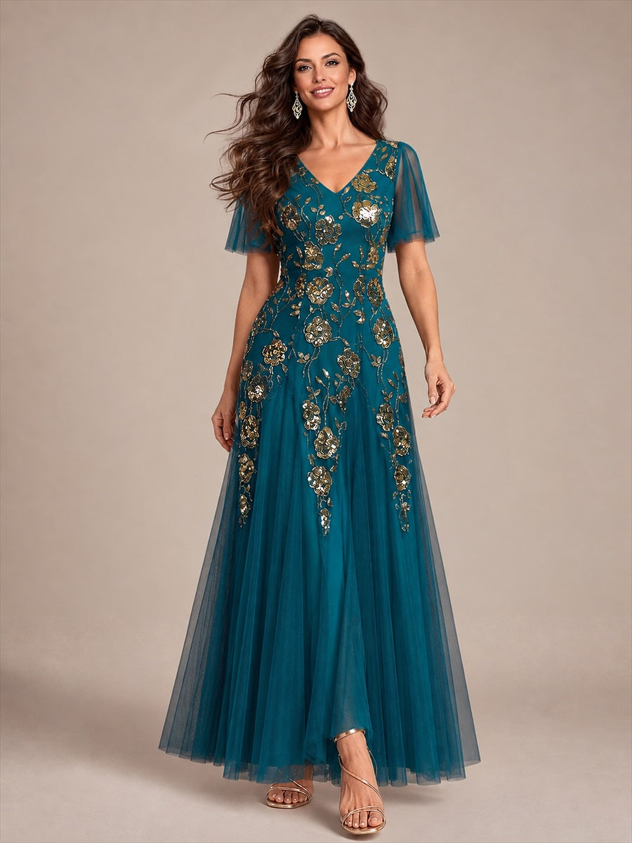 Floral Embroidered Sequin Ruffle Sleeve Tulle Evening Dress #color_Teal Blue