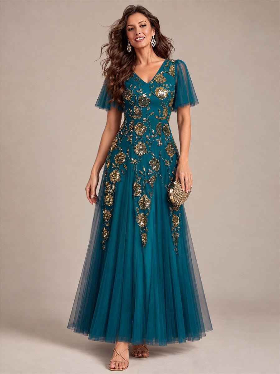 Floral Embroidered Sequin Ruffle Sleeve Tulle Evening Dress #color_Teal Blue
