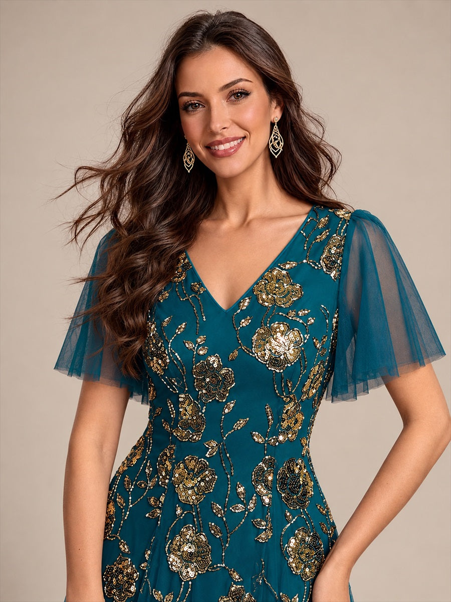 Floral Embroidered Sequin Ruffle Sleeve Tulle Evening Dress #color_Teal Blue