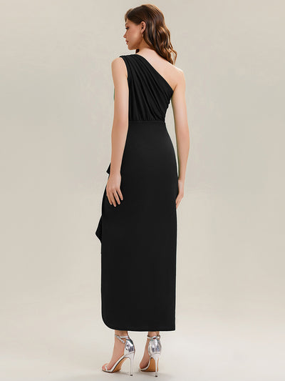 Thigh-High Slit Knit Sleeveless Evening Dress #color_Black