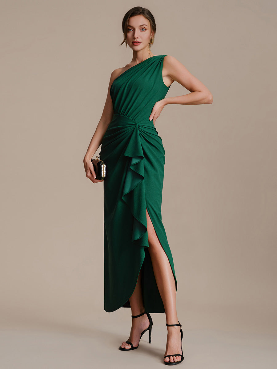 Thigh-High Slit Knit Sleeveless Evening Dress #color_Dark Green