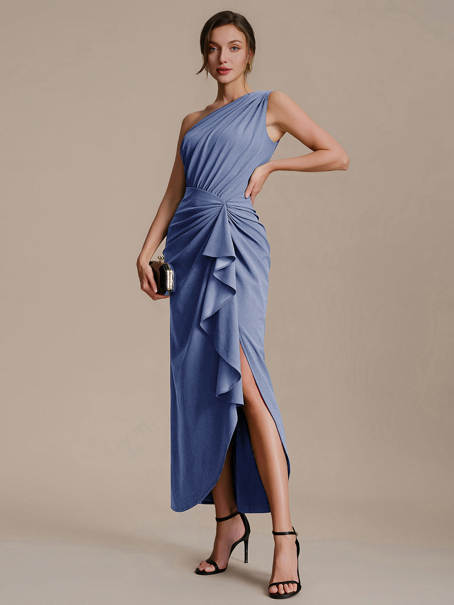 Thigh-High Slit Knit Sleeveless Evening Dress #color_Dusty Blue