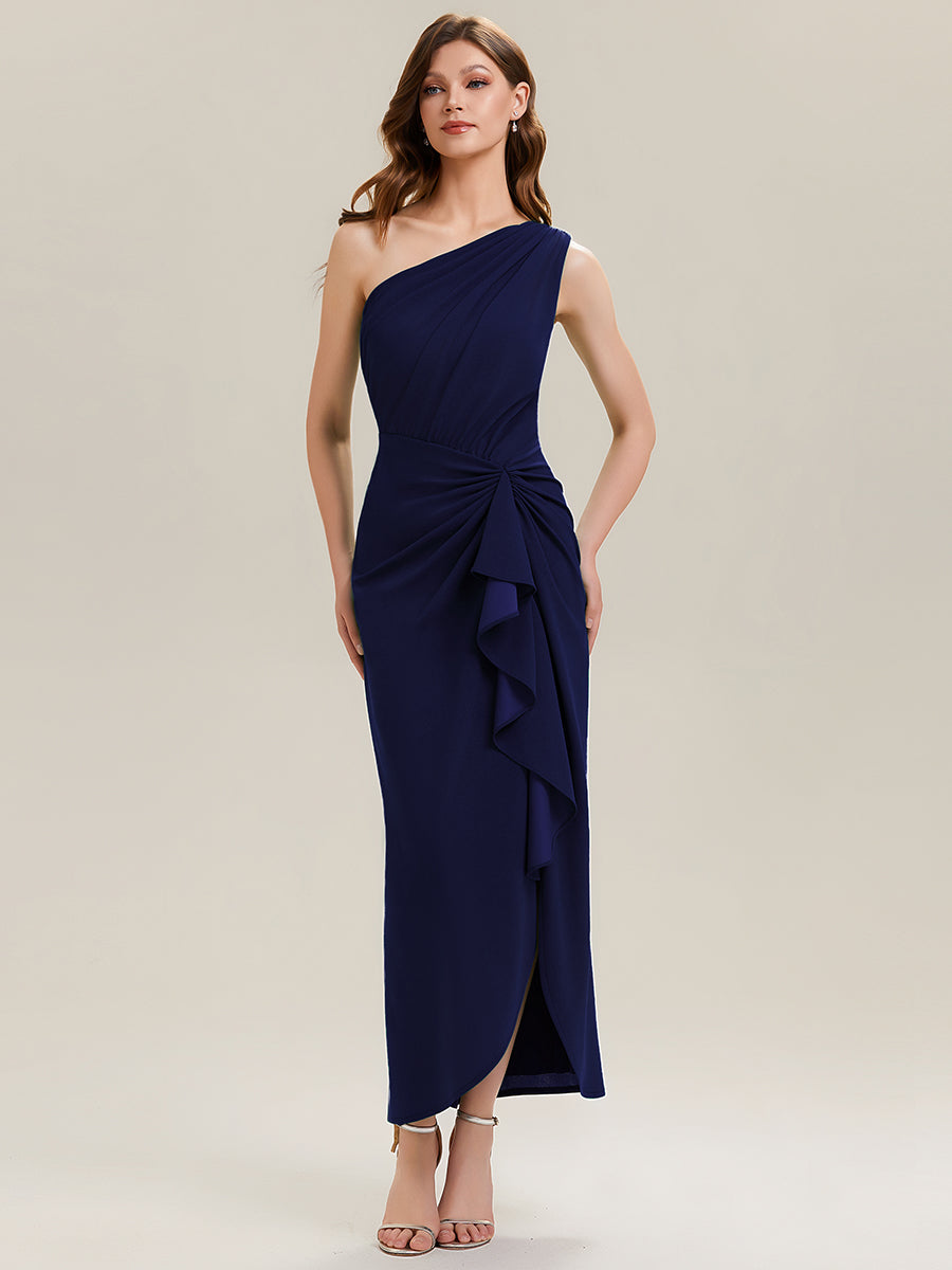 Thigh-High Slit Knit Sleeveless Evening Dress #color_Navy Blue