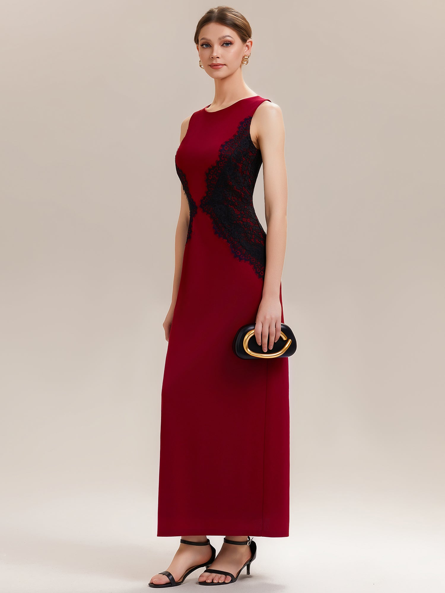 Waist Cut-Out Knit Sleeveless Evening Dress #color_Dark Red