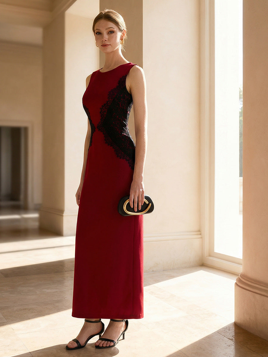 Waist Cut-Out Knit Sleeveless Evening Dress #color_Dark Red