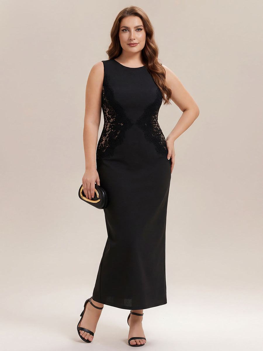 Waist Cut-Out Knit Sleeveless Evening Dress #color_Black