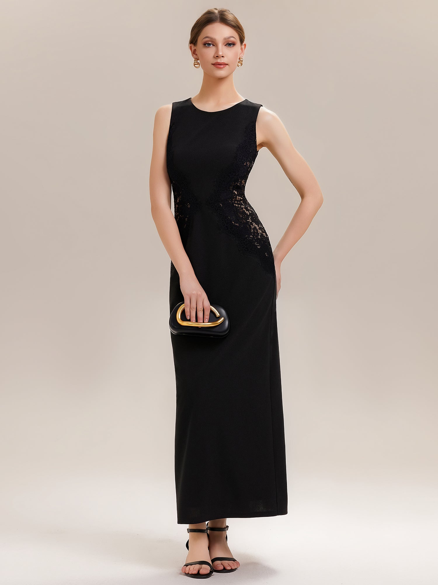 Waist Cut-Out Knit Sleeveless Evening Dress #color_Black
