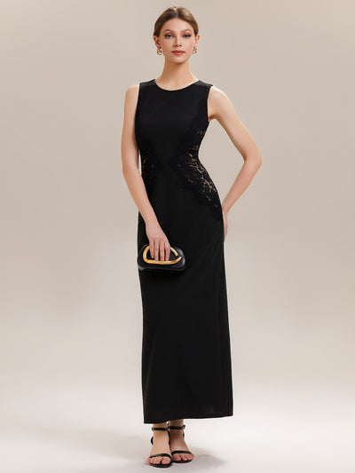Waist Cut-Out Knit Sleeveless Evening Dress #color_Black