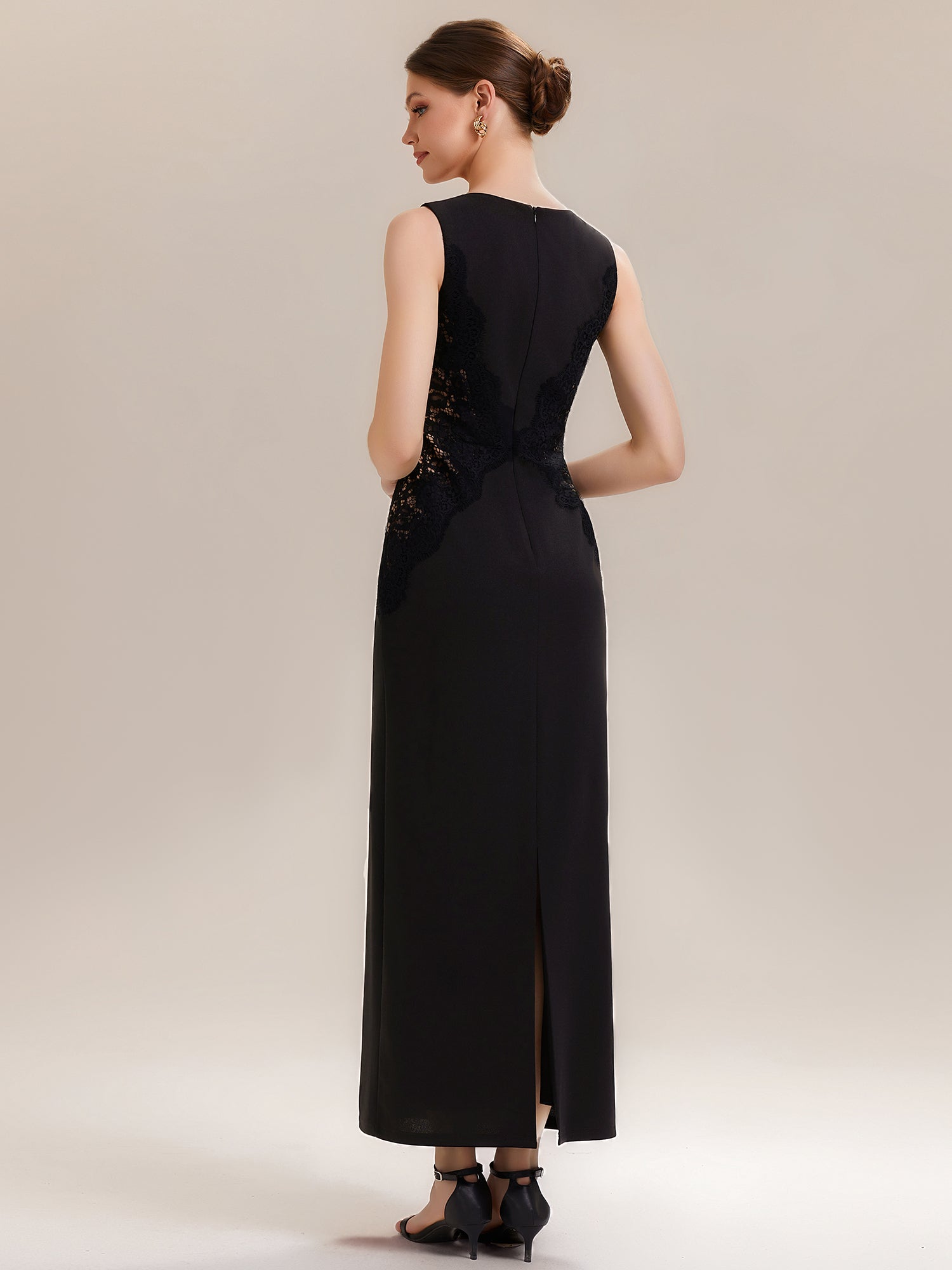 Waist Cut-Out Knit Sleeveless Evening Dress #color_Black