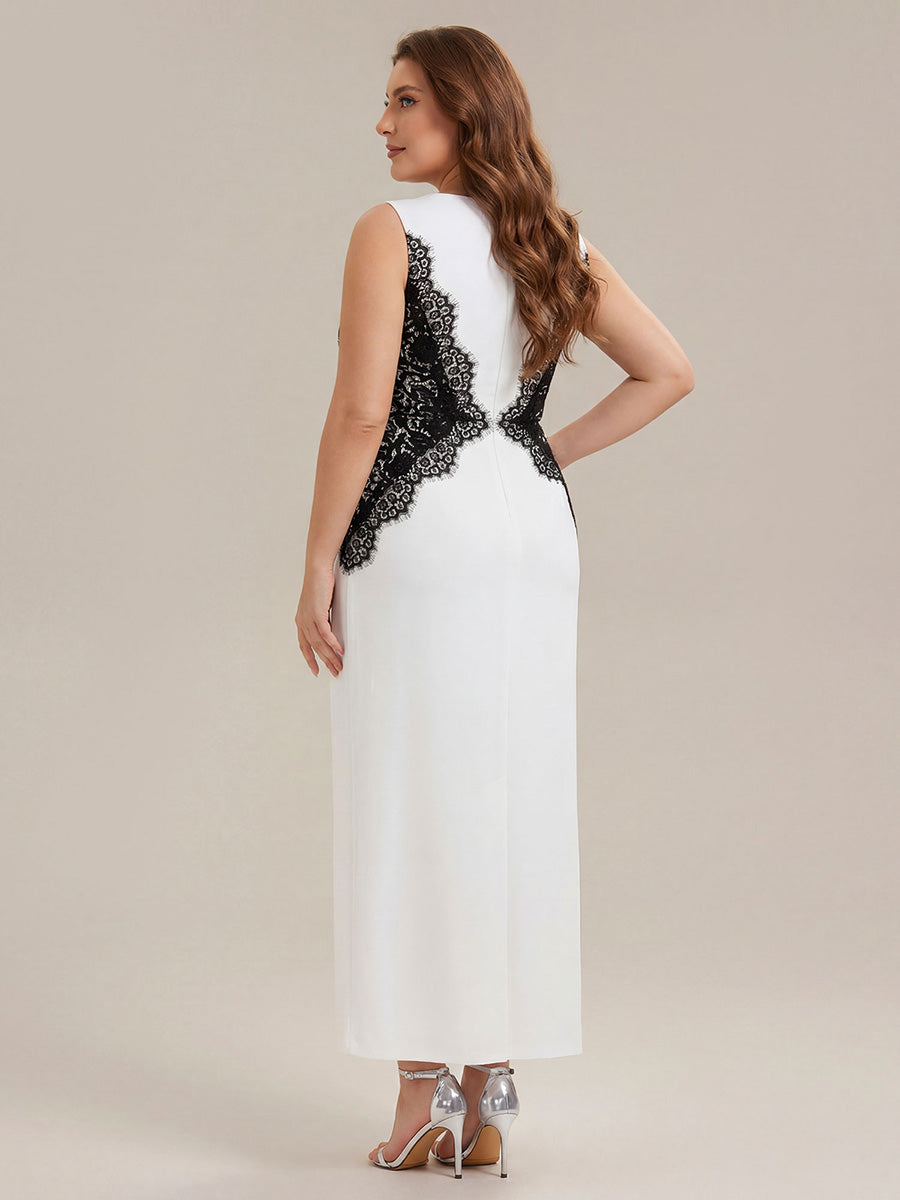 Waist Cut-Out Knit Sleeveless Evening Dress #color_Ivory-Black