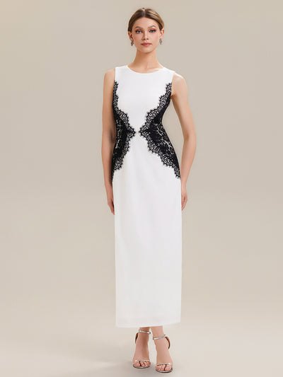 Waist Cut-Out Knit Sleeveless Evening Dress #color_Ivory-Black