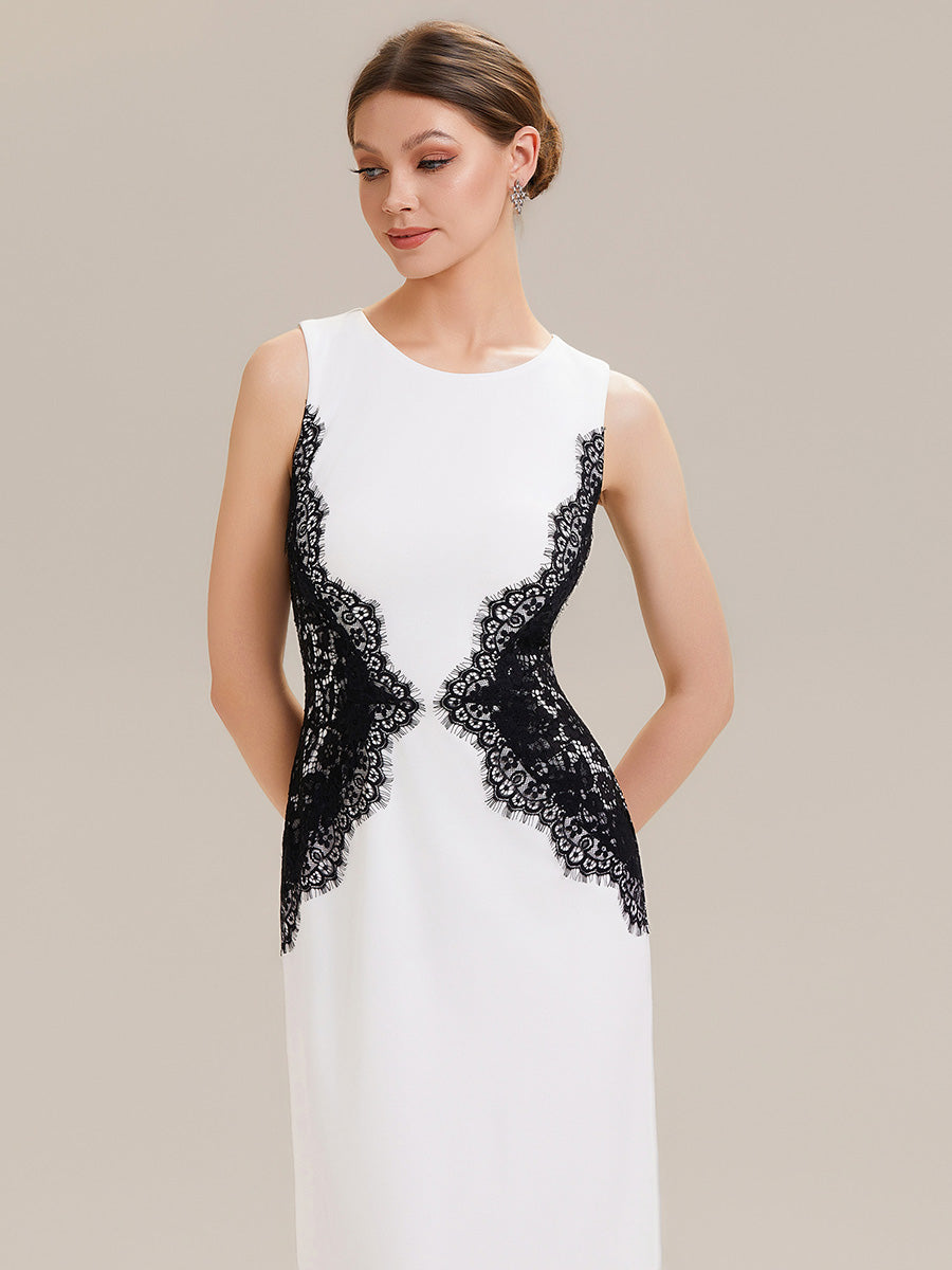 Waist Cut-Out Knit Sleeveless Evening Dress #color_Ivory-Black