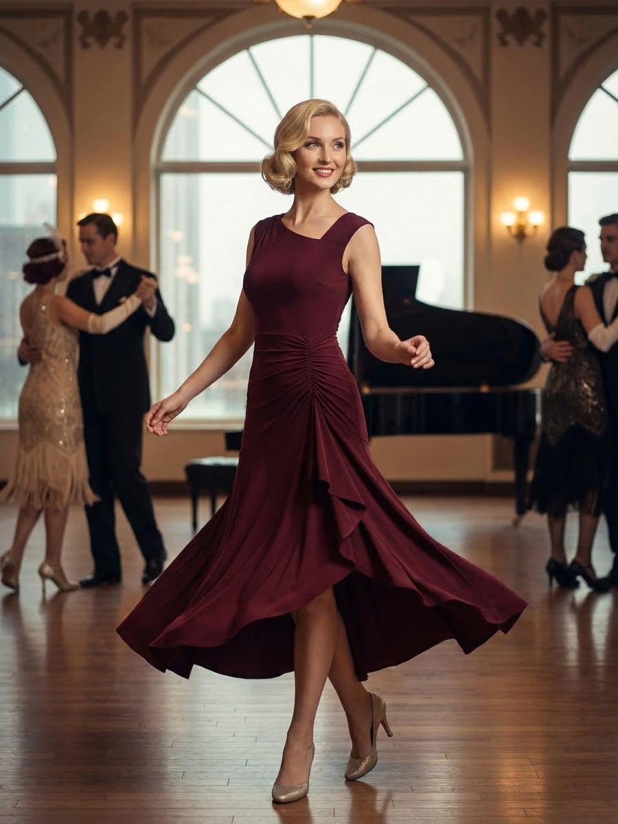 Ruffled Knit Cap Sleeve Evening Dress #color_Burgundy