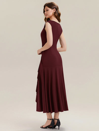 Ruffled Knit Cap Sleeve Evening Dress #color_Burgundy