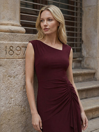 Ruffled Knit Cap Sleeve Evening Dress #color_Burgundy