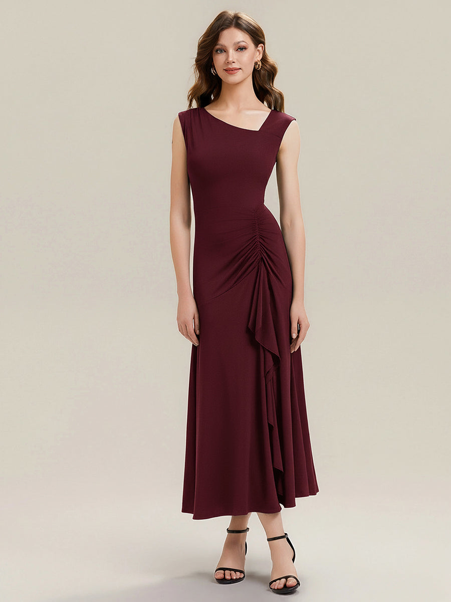 Ruffled Knit Cap Sleeve Evening Dress #color_Burgundy