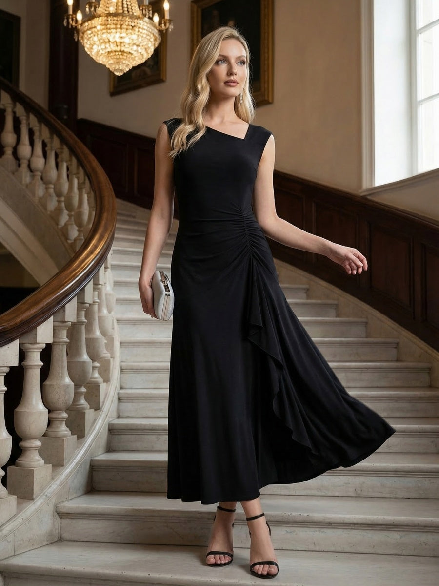 Ruffled Knit Cap Sleeve Evening Dress #color_Black