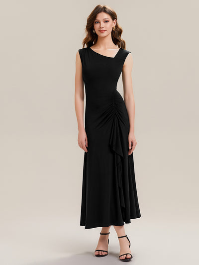 Ruffled Knit Cap Sleeve Evening Dress #color_Black