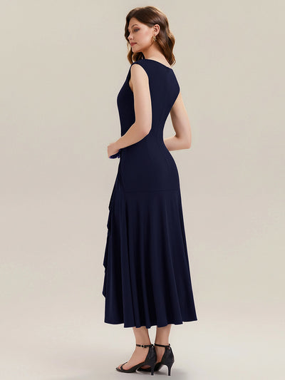 Ruffled Knit Cap Sleeve Evening Dress #color_Navy Blue