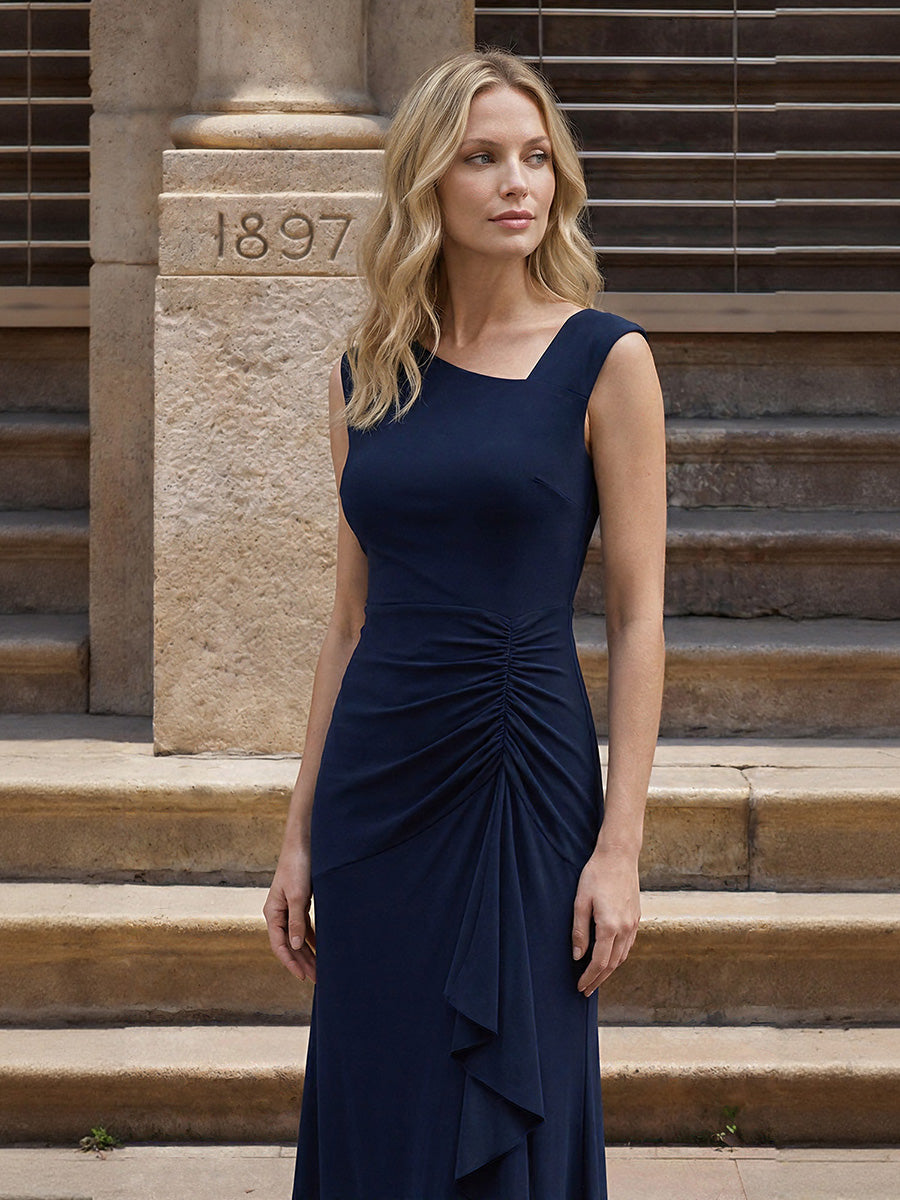 Ruffled Knit Cap Sleeve Evening Dress #color_Navy Blue
