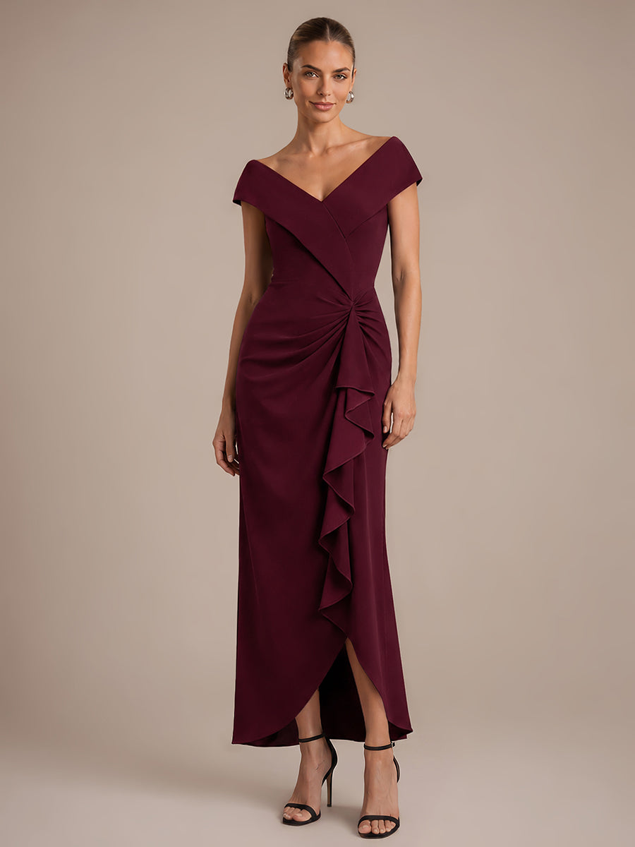 Ruffle Crepe Cap Sleeve Evening Dress #color_Burgundy