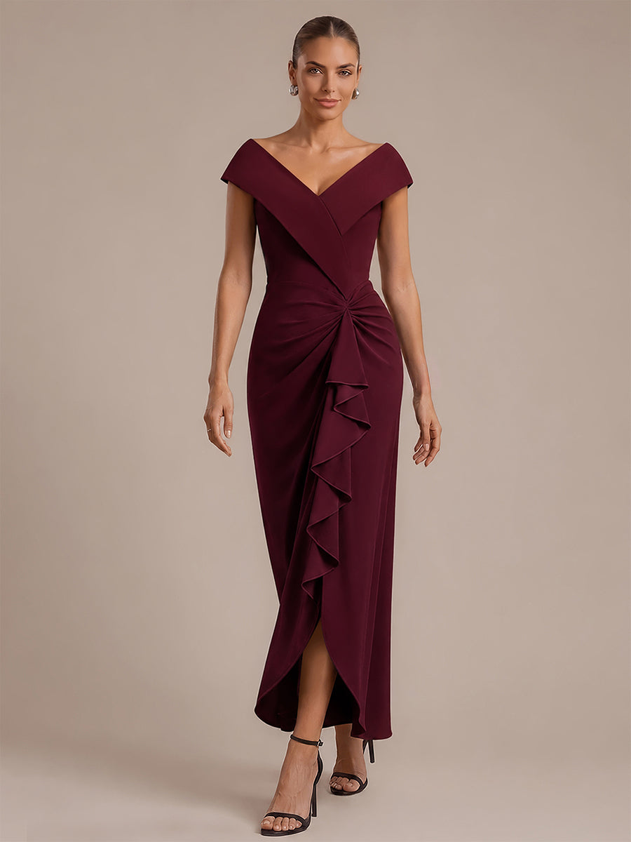 Ruffle Crepe Cap Sleeve Evening Dress #color_Burgundy
